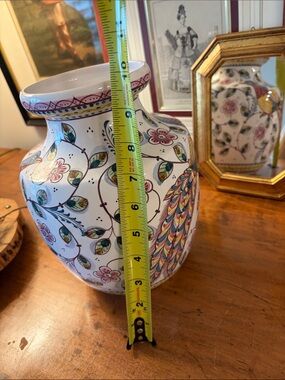 Hand-Painted Portugal  Ceramic Bird floral Vase in White with Multicolor Accents